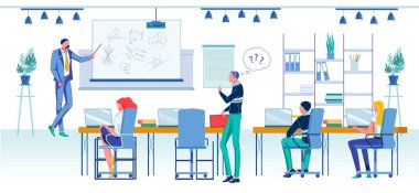 Multimedya Ekipmanı Kullanarak İşaretçi Açıklama Açısı Uygulamalı Matematik Profesörü. Bilgisayarlı öğrenci, Kişisel Çalışma Masasında çalışıyor, Yeterlilik Sorusu soruyor. Modern Laboratuvar.