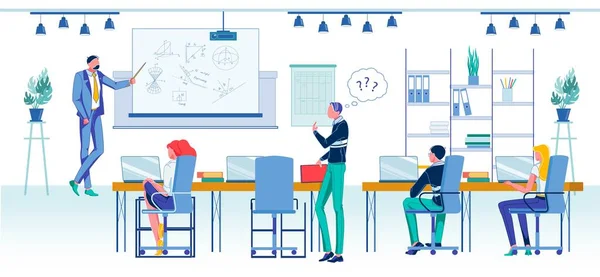 Multimedya Ekipmanı Kullanarak İşaretçi Açıklama Açısı Uygulamalı Matematik Profesörü. Bilgisayarlı öğrenci, Kişisel Çalışma Masasında çalışıyor, Yeterlilik Sorusu soruyor. Modern Laboratuvar.