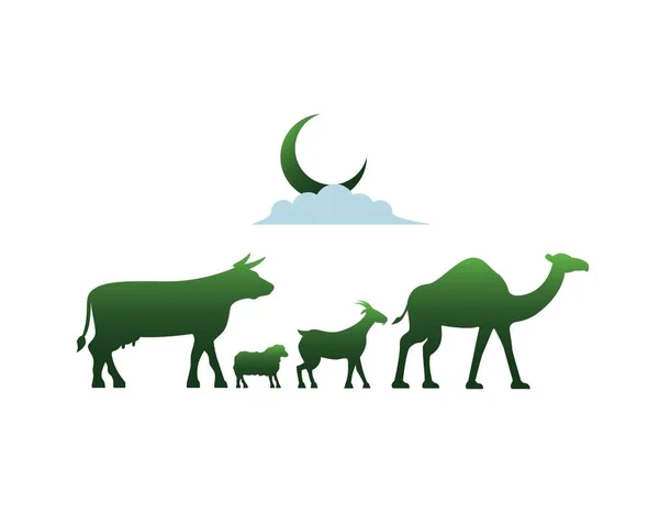 Vaca Oveja Cabra Camello Caminando Juntos Como Símbolo Del Eid — Vector de stock