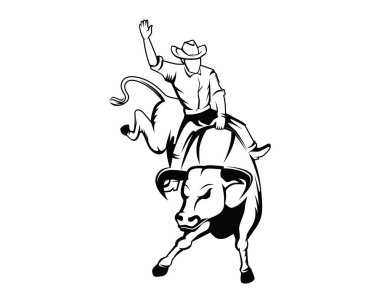 Rodeo ya da Kovboy Siluet Tarzlı Vahşi ve Öfkeli Boğa Resimlerine Biniyor