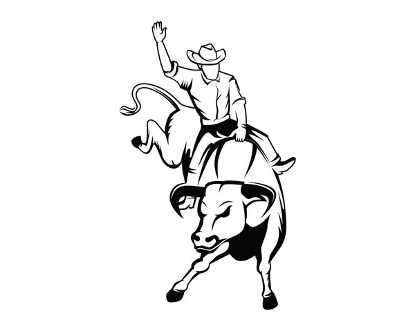 Rodeo Cowboy Riding Wild Furious Bull Illustration Silhouette Style Vector — Stock Vector