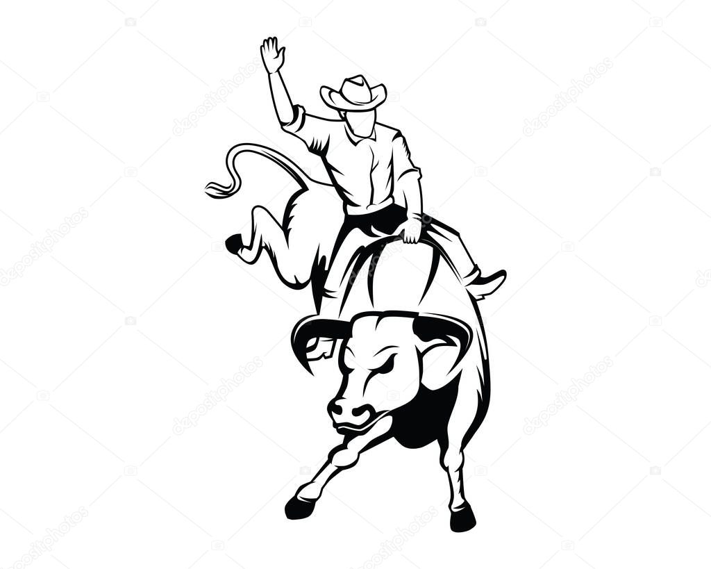 Rodeo or Cowboy Riding a Wild and Furious Bull Illustration with Silhouette Style Vector