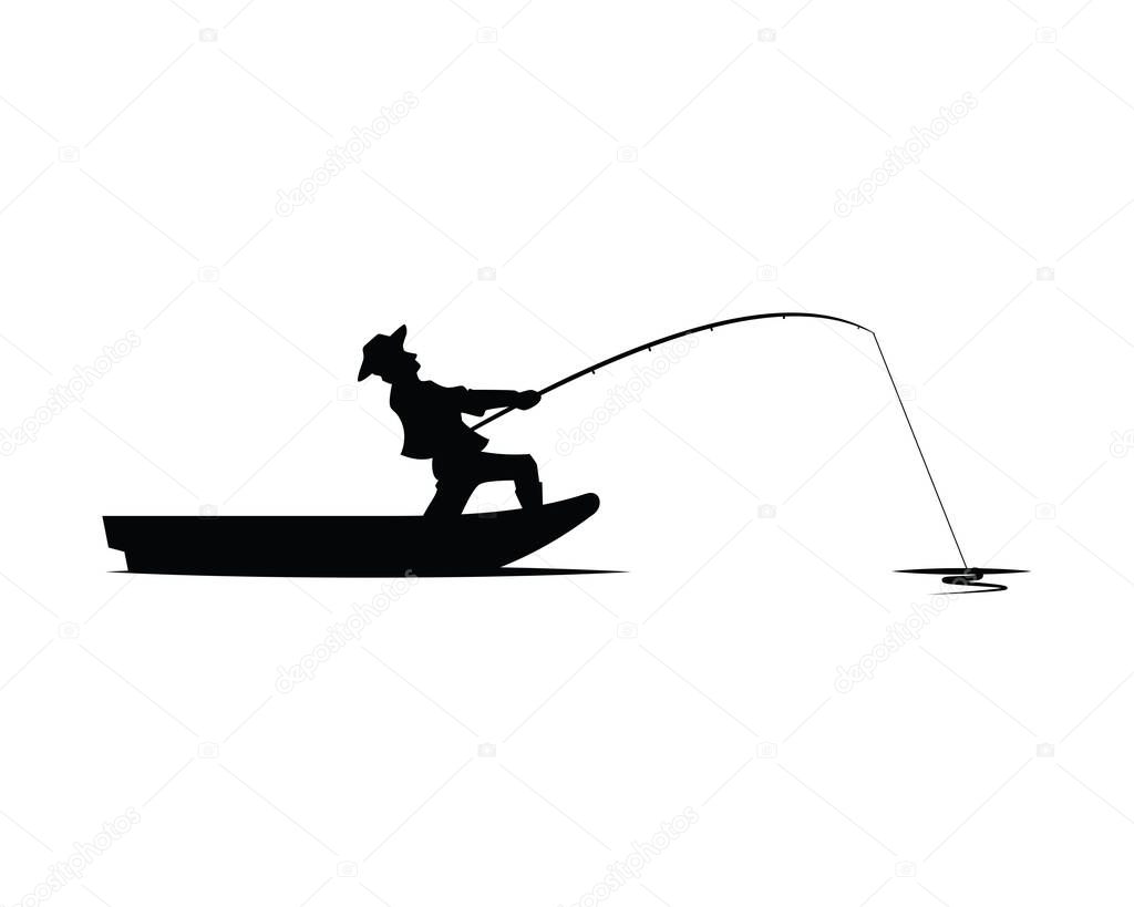 Fisherman on the Boat with Strike Illustration with Silhouette Style Vector