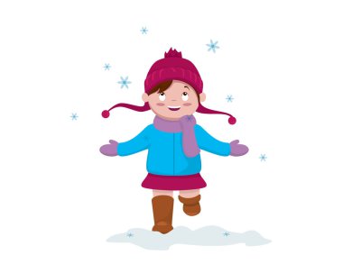 Süveterli ve Beanie 'li bir kız Kış Mevsimi Vektörü' nde Kar Tanesini Karşılıyor
