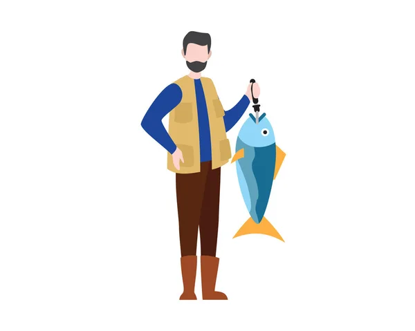 Visser Holding Big Fish Illustratie Met Cartoon Style Vector — Stockvector