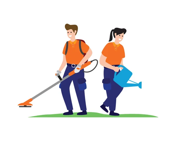 Uśmiechnięte Szczęśliwe Sprzątacze Domu Lub Sprzątacze Vacuuming Podłogi Podlewania Roślin — Wektor stockowy