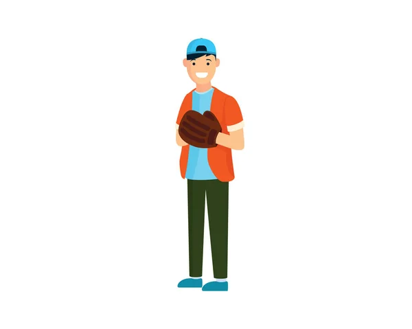 Garçon Jouant Baseball Portant Gant Baseball Tenant Vecteur Illustration Balle — Image vectorielle