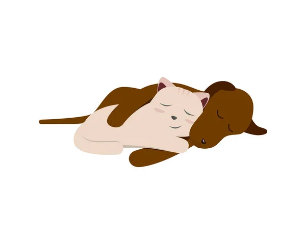Kat Slaapt Met Hond Rustig Vredig Illustratie Vector — Stockvector