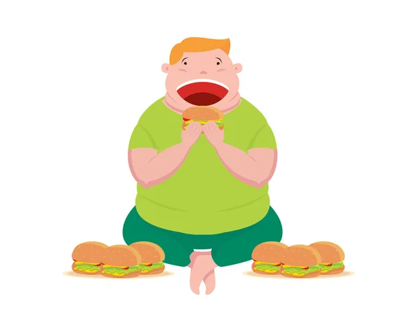 Hombre Gordo Sentado Comiendo Muchas Hamburguesas Vector Ilustración — Vector de stock