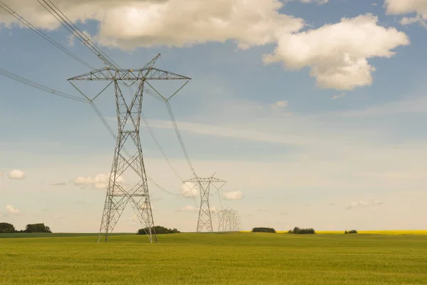 Kaçarken yeşil bir alanda yüksek gerilim elektrik hatları peyzaj.
