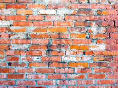 Eski püskü kırmızı tuğlalı bir duvarın yakın çekimi. Grunge duvar kağıdı