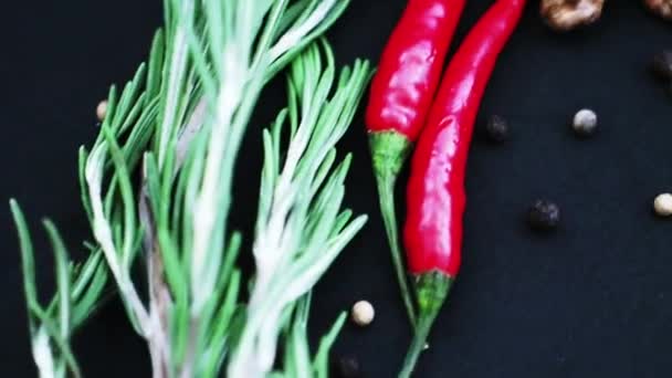 Složení s červenými rajčaty, rozmarýnem, červenými chilli papričkami a různými kořením na černém — Stock video