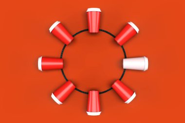 Kahve için kırmızı bardakların çoğu daire şeklinde uzanıyor. Kahve molası konsepti