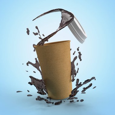 3 boyutlu görüntüleme. Açık kapaklı karton bardak ve mavi arka planda kahve lekeleri.