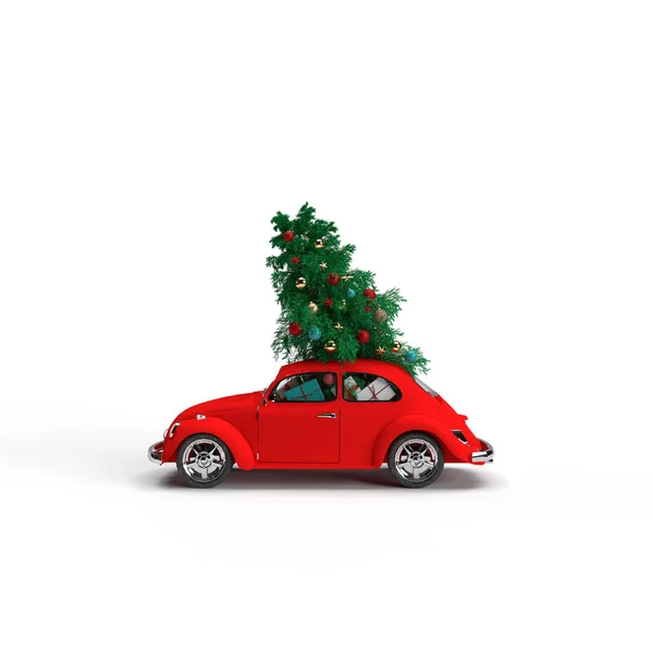 Darstellung Roter Oldtimer Trägt Weihnachtsbaum Und Geschenke Auf Weißem Hintergrund — Stockfoto