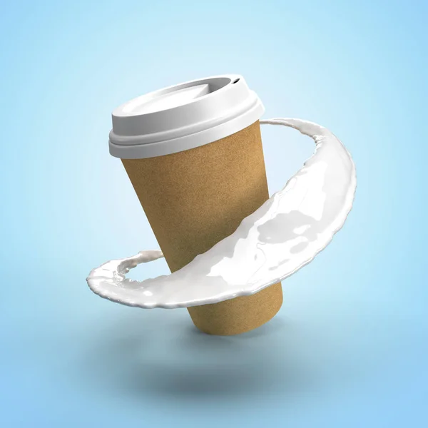 Render Картонная Чашка Кофе Брызги Молока Изолированы Синем Фоне — стоковое фото