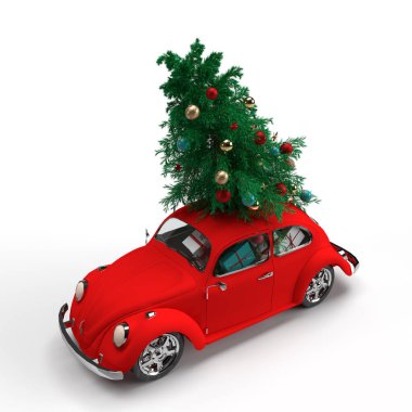 3 boyutlu görüntüleme. Kırmızı antika araba Noel ağacı ve beyaz arka planda hediyeler taşır. Noel kartı selamlaması
