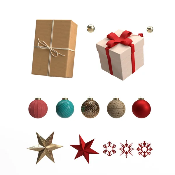 Vánoční Klip Sada Designových Prvků Izolovaných Bílém Pozadí Dárková Krabička — Stock fotografie