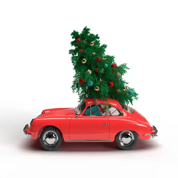 3Dレンダリング 赤いヴィンテージカーは 白い背景にクリスマスツリーと贈り物を運びます クリスマスカードの挨拶だ クラスノダール2020年7月18日 — ストック写真