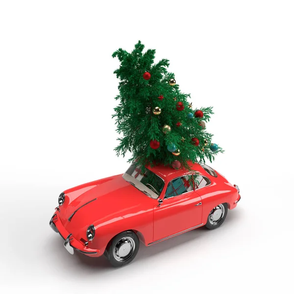 Weergave Rode Vintage Auto Draagt Kerstboom Geschenken Een Witte Achtergrond — Stockfoto