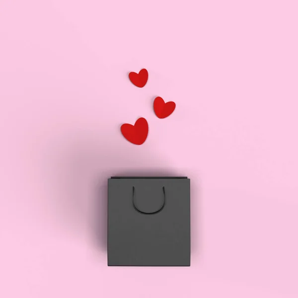 Black paper bag for shopping with red hearts on pink background. 3d illustration