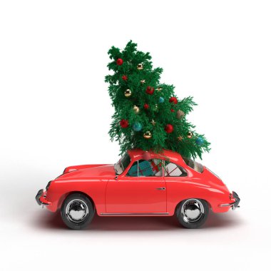 3 boyutlu görüntüleme. Kırmızı, Noel ağacı ve beyaz arka planda hediyeler olan klasik bir araba. Noel kartı. Krasnodar, 18 Temmuz 2020
