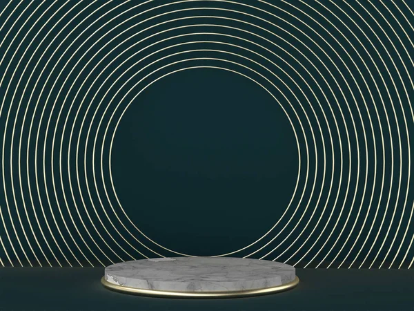 3D çizim, soyut sanat deco yeşil zemin, yuvarlak boş çerçeveler, mermer dokular. Silindir basamaklar kaide, podyum, vitrin standı. Lüks minimum model.