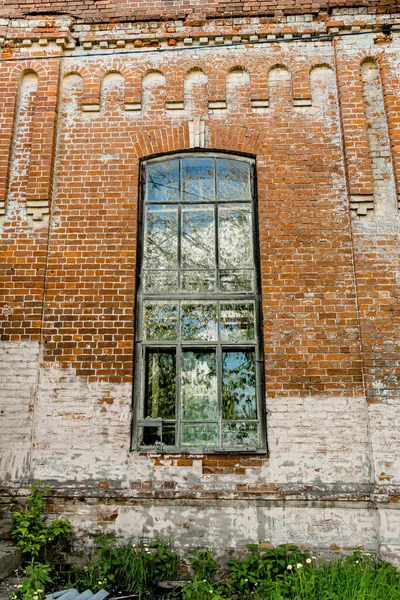 Altes Fenster mit Gittern und Bäumen im Haus — Stockfoto