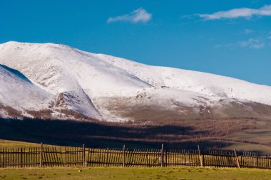 Çölün muhteşem manzarası göller ve ağaçlar karla kaplı zirveleri olan dağlara dönüşüyor. Altai Dağları
