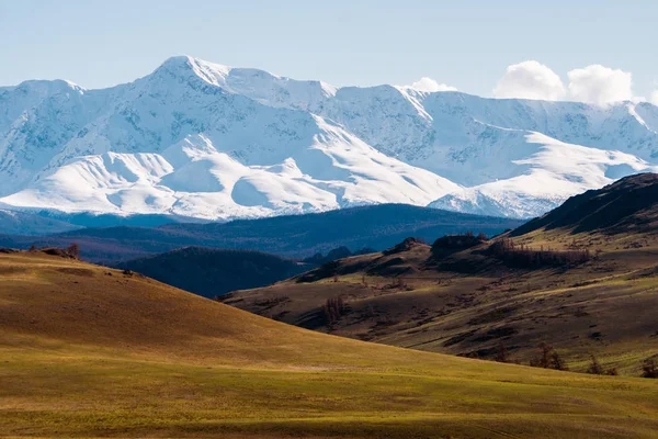 Increíble paisaje de la zona de la estepa con lagos y árboles que se convierten suavemente en montañas con picos nevados. Montañas de Altai — Foto de Stock