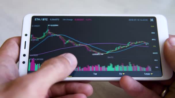 Mercado de ações, negociação online. As mãos dos homens usam o aplicativo no smartphone para rastrear a criptomoeda — Vídeo de Stock