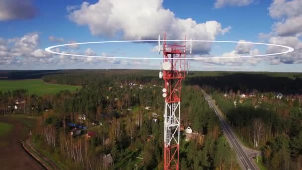 Telefon nebo mobil stožár vysílací rádiové vlny. Vizualizace telefonního stožáru emitující rádiové signály v soustředných kruzích. — Stock video