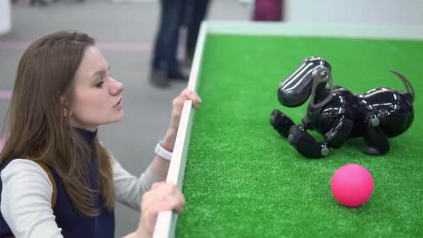 Fille jouer avec un robot sous la forme d'un chien lors d'une exposition — Video