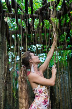 güzel bir genç kadın seksi elbise giyen yağmur ormanlarında ağacına yaslanmış