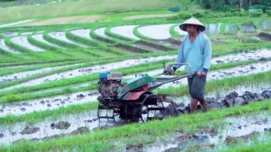 Bali, Endonezya - 11.12.2018: Şapkalı Endonezya, büyük bir motor bloğuyla tarlayı savuruyor