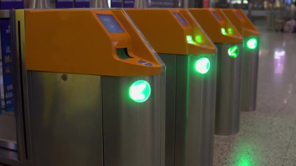Turnstile for checking tickets for passage inside. Control, verification — Stock Video