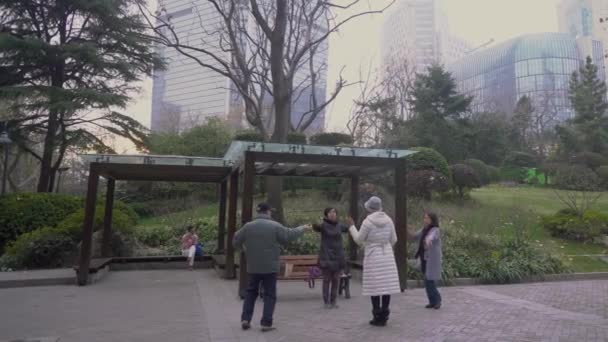 CHINE, SHANGHAI - 15 janvier 2018 : 4 personnes faisant de la méditation Taiji, Qigong dans le parc de la ville — Video