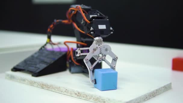 Modelo de robótica industrial braço robô manipulador com cubo — Vídeo de Stock