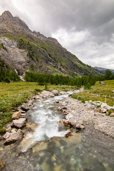 Kleine Wasserfälle fließen im grünen Wald in Langzeitbelichtung. Wasser in Bewegung - Schweizer Alpen — Stockfoto