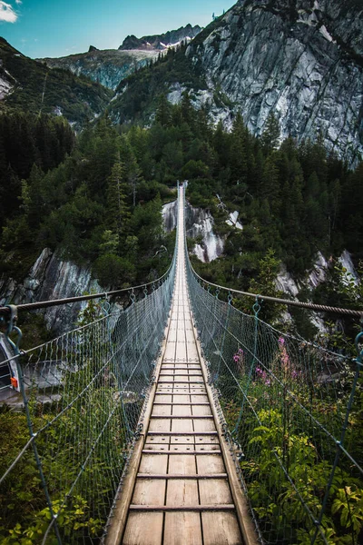 Wooden Long Footbridge Deep Gorge River Bottom Rocks Wild Mountains Royalty Free Stock Photos