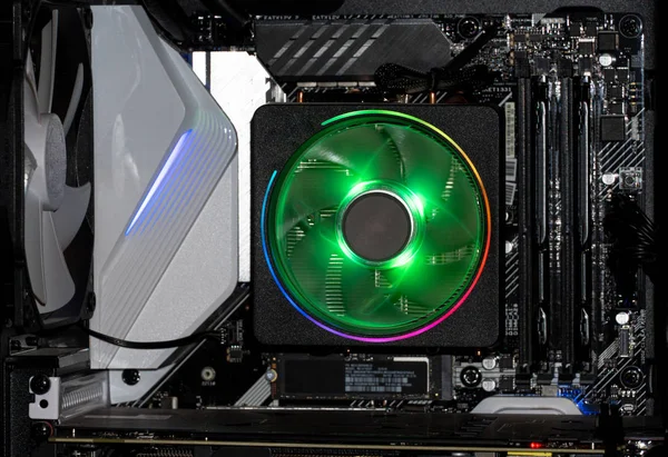 Cooler of processor with neon light. LED Light, CPU Cooler.
