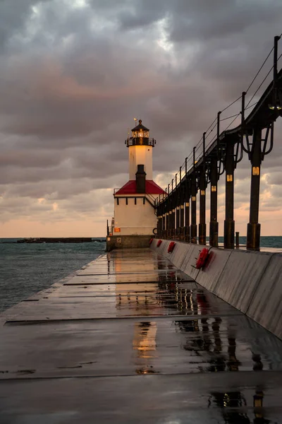 Michigan city lighthouse at sunrise.  Indiana, USA.