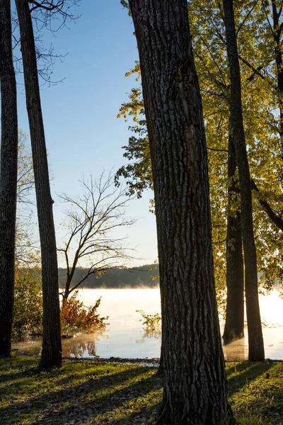 Sunrise Morning Mist Frosty Morning Overlooking Mississippi River Bellevue Iowa — Stock Photo, Image