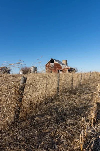 Grass Hay Blowing Wind Old Barbed Wire Fence Rural Marshall — Stock Photo, Image