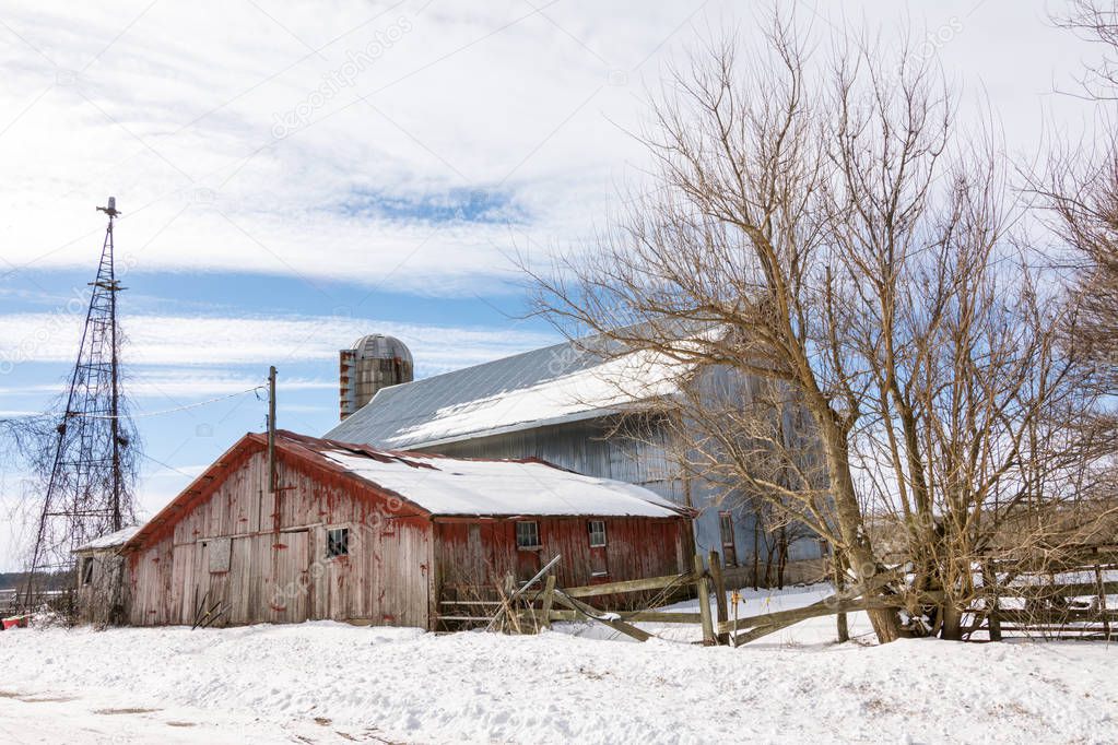 Rural midwest farm in sub zero temperatures and snow.