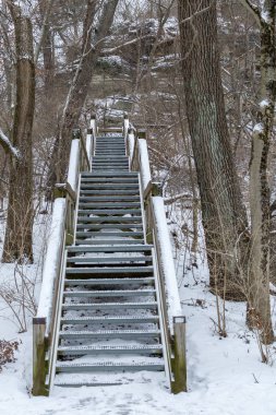 Kar merdiven (geçit) açlıktan Rock state park acı soğuk kış gününde kaplı.