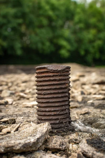 Detalle de un perno entre las ruinas de la antigua fachada siderúrgica . —  Fotos de Stock