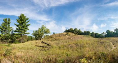 Dunes Ridge Patikası 'nın kumlu patikaları boyunca güzel bir yaz sabahı manzarası. Indiana Dunes Ulusal Parkı, Indiana, ABD