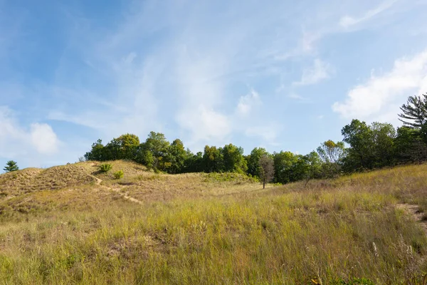 Dunes Ridge Patikası 'nın kumlu patikaları boyunca güzel bir yaz sabahı manzarası. Indiana Dunes Ulusal Parkı, Indiana, ABD