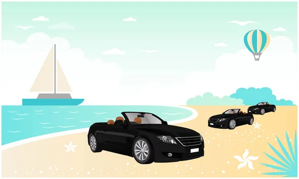 Sahilde sıcak hava balonu olan birkaç araba var.